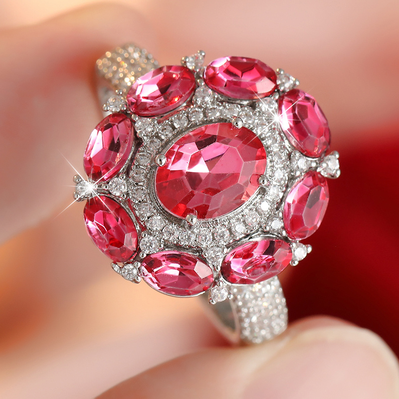 Women's Luxurious Pink-Toned Fully Embedded Synthetic Zircon Ring